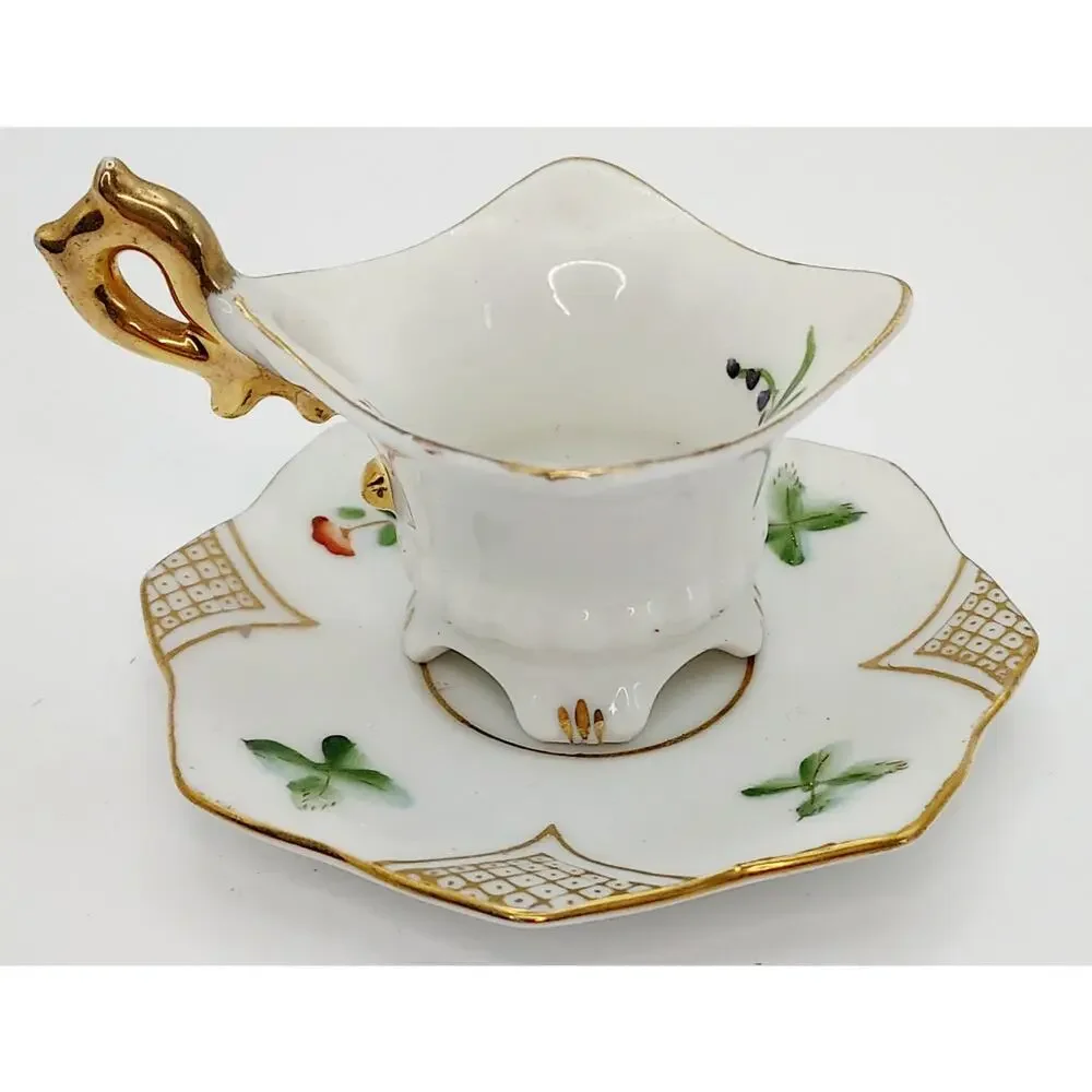 VTG Japanese Miniature Demitasse Footed Teacup And Saucer Floral Gold Tone Trim